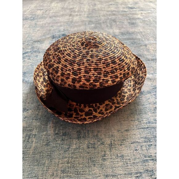Eric Javits Tan and Brown Leopard Animal Print Straw Hat With Ribbon Bow - Picture 8 of 9
